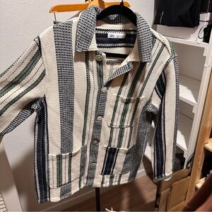 Zara Striped Shirt Jacket - Cream, Green, and Blue